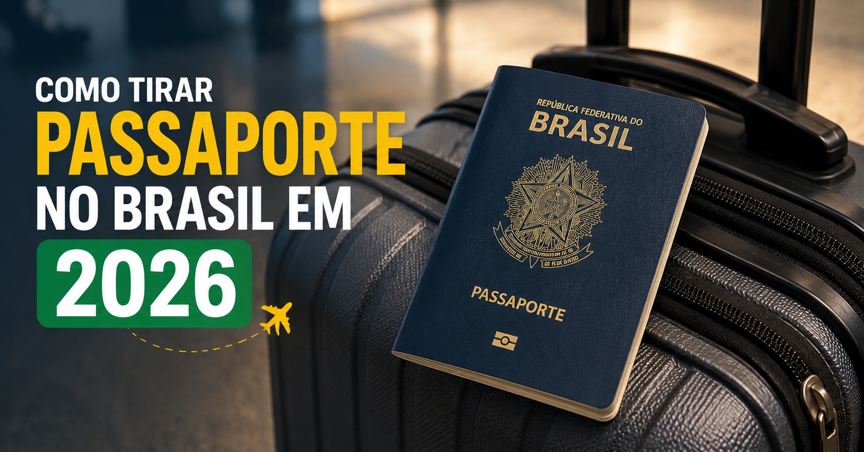 Passaporte brasileiro aberto sobre mala de viagem — como tirar passaporte no Brasil em 2026