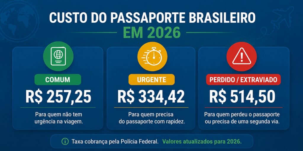 Tabela de custos do passaporte brasileiro em 2026: comum R$ 257,25, urgente R$ 334,42, perdido R$ 514,50