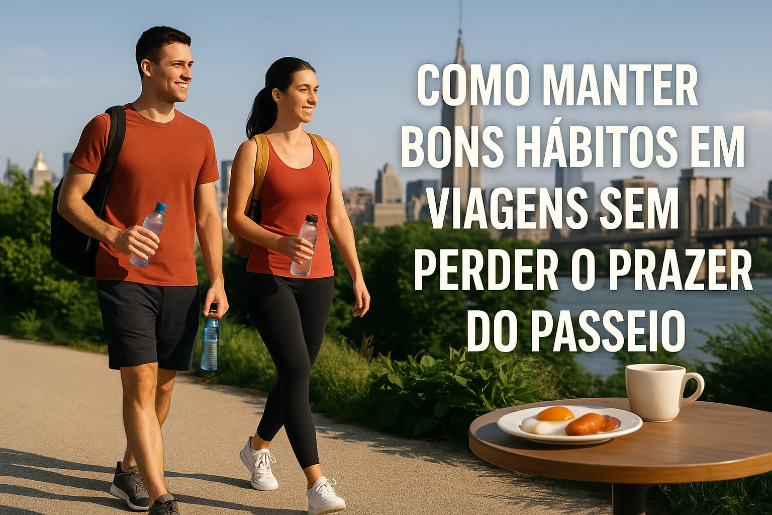 Casal caminhando com roupas esportivas e garrafas d’água durante uma viagem em Nova York, representando hábitos saudáveis em viagens, com café da manhã leve ao fundo.