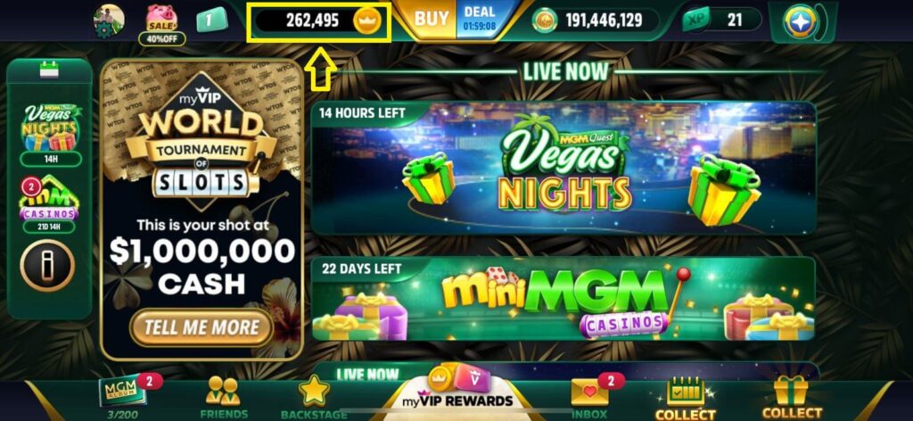 Tela do aplicativo MGM Slots Live mostrando pontos rewards acumulados para hospedagem grátis em Las Vegas