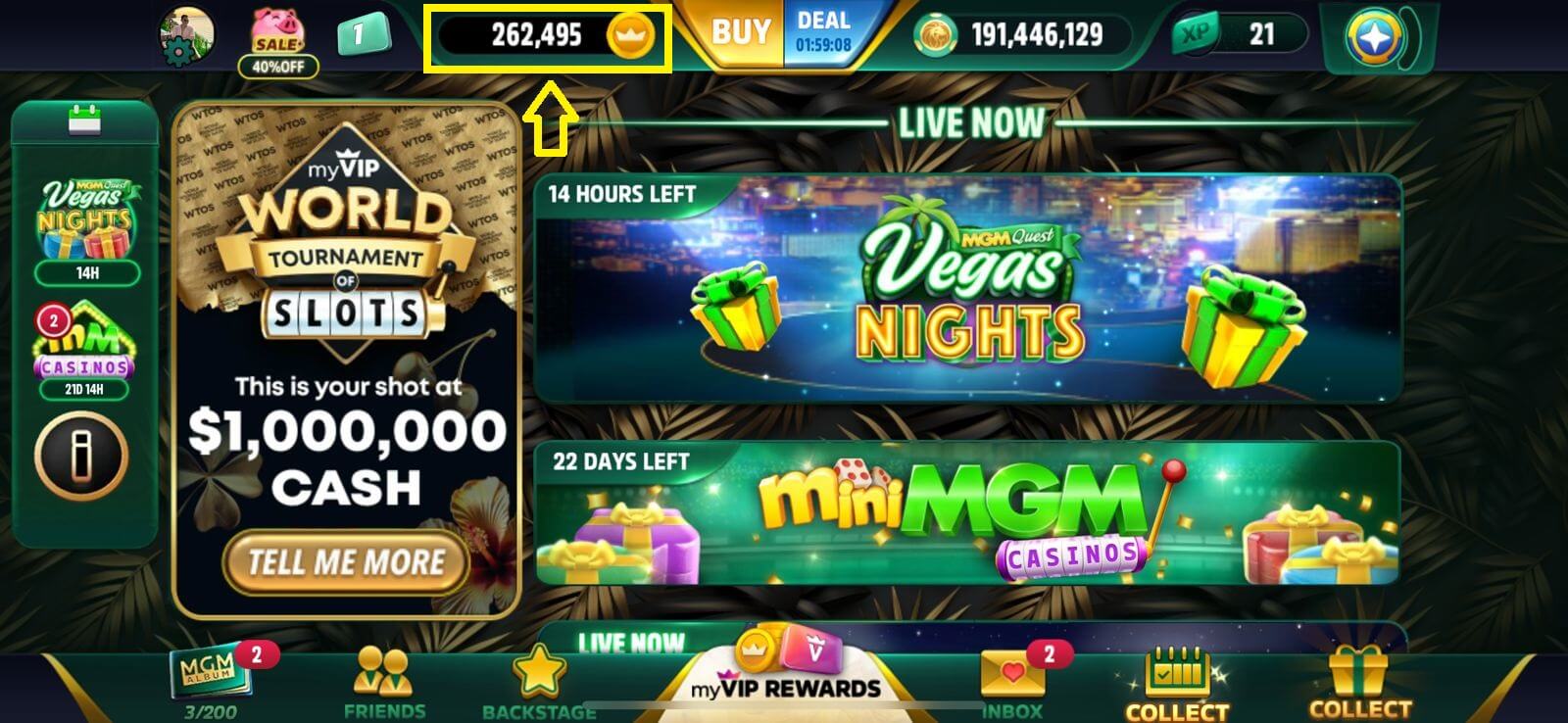 Tela do aplicativo MGM Slots Live mostrando pontos rewards acumulados que podem ser trocados por hospedagem grátis no Hotel New York-New York em Las Vegas