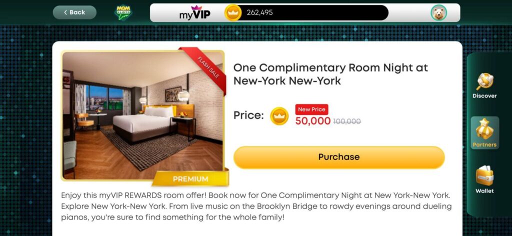 Print do aplicativo My Vegas exibindo recompensa de 1 Complimentary Night para hotéis MGM em Las Vegas