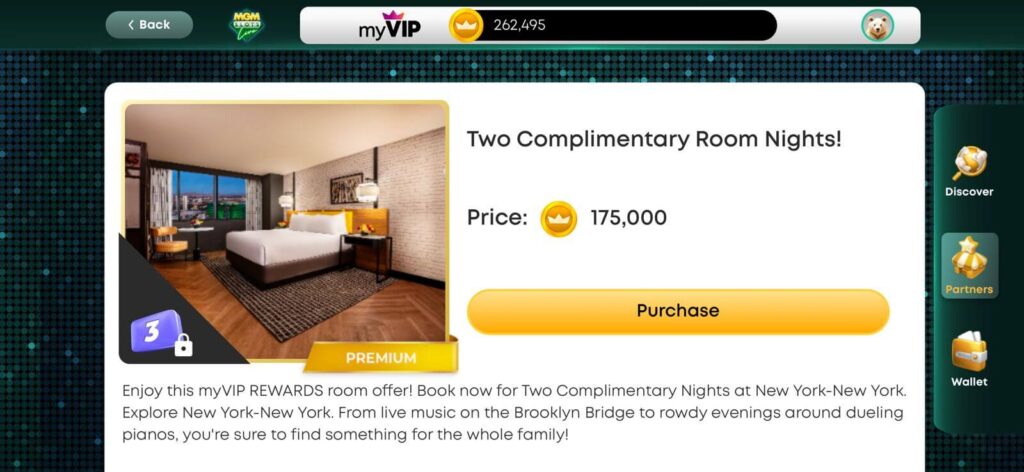 Print do aplicativo My Vegas exibindo recompensa de 2 Complimentary Nights para hotéis MGM em Las Vegas