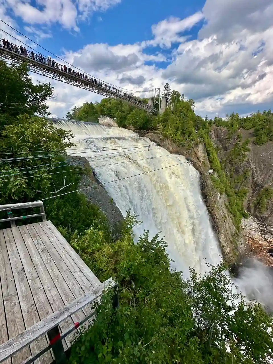 Quedas de Montmorency com a passarela suspensa sobre a cachoeira
