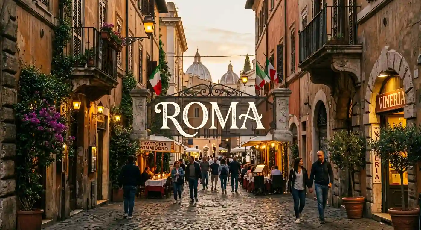 Rua histórica de Roma, na Itália, com trattorias e turistas caminhando ao entardecer