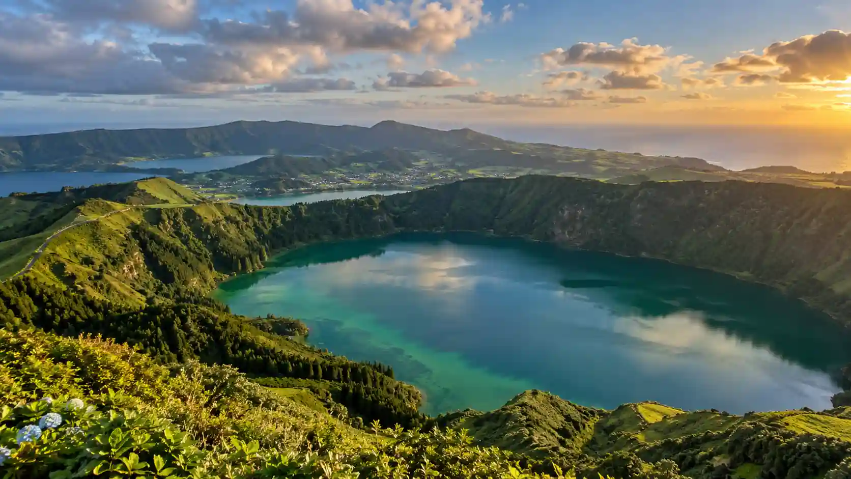 Paisagem vulcânica da Ilha de São Miguel, nos Açores, com cratera e lagoa em tons de verde e azul