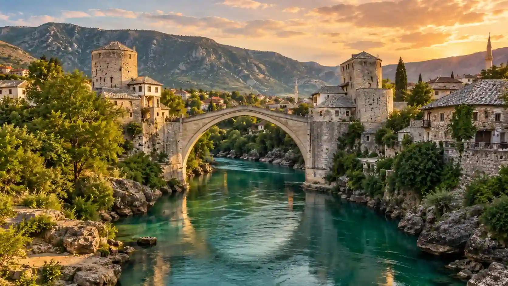 Ponte histórica Stari Most em Mostar, Bósnia e Herzegovina, sobre um rio verde-esmeralda, com casas de pedra antigas nas margens e luz de fim de tarde.