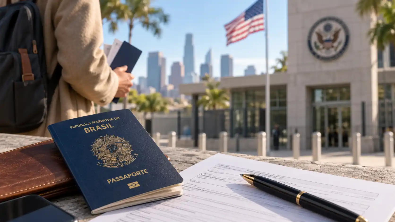 Passaporte brasileiro e formulário de solicitação em frente à embaixada dos Estados Unidos para tirar o visto americano em 2026
