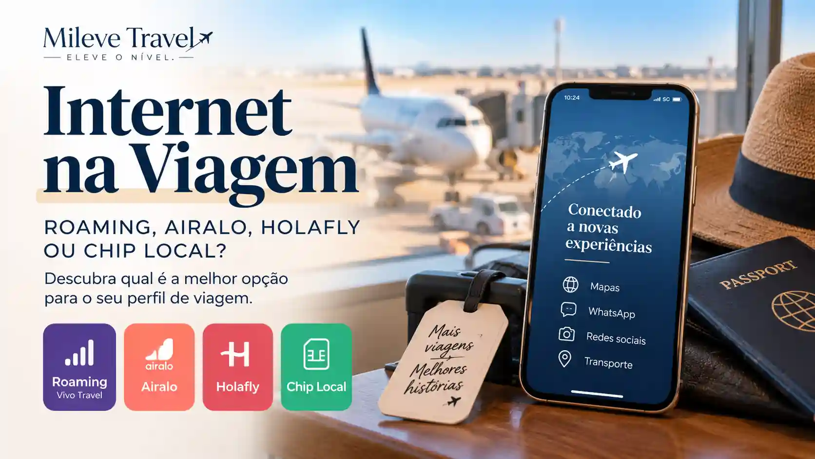 internet em viagem internacional 2026: roaming Vivo Travel, Airalo, Holafly ou chip local