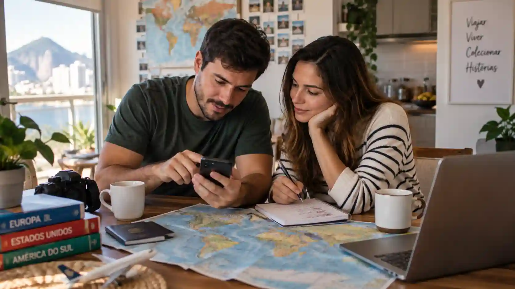 Casal planejando roteiro de viagem barata em 2026 com mapa e anotações