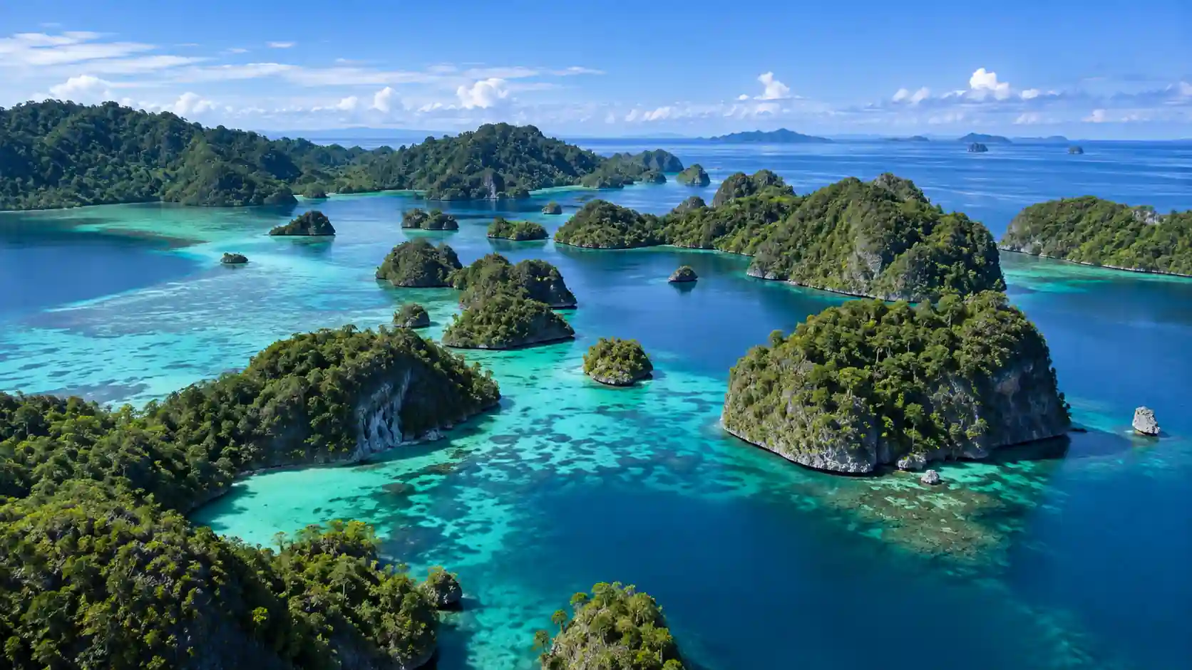 Vista aérea das ilhas cársticas verdes de Raja Ampat, na Indonésia, cercadas por água turquesa cristalina