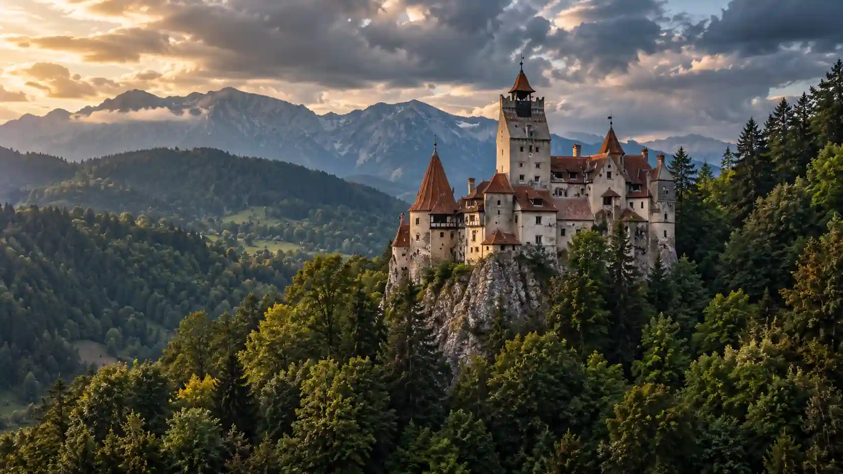 Castelo medieval na região da Transilvânia, Romênia, cercado por floresta e montanhas dos Cárpatos