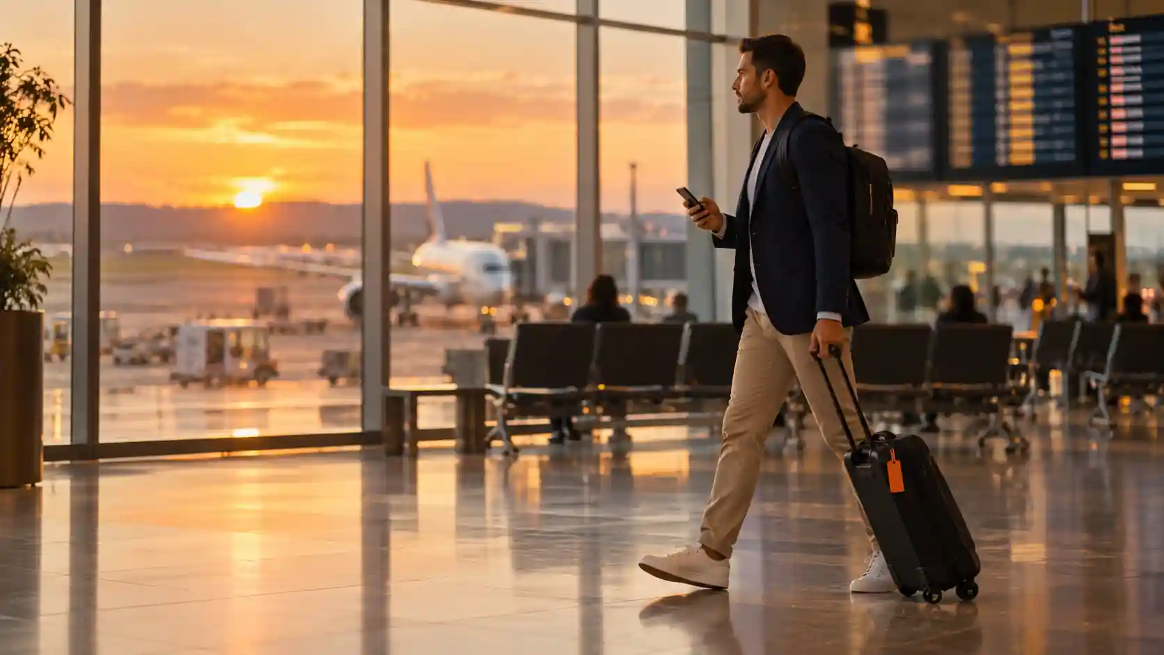 Profissional com mala de mão e notebook caminhando em aeroporto durante uma viagem corporativa em 2026